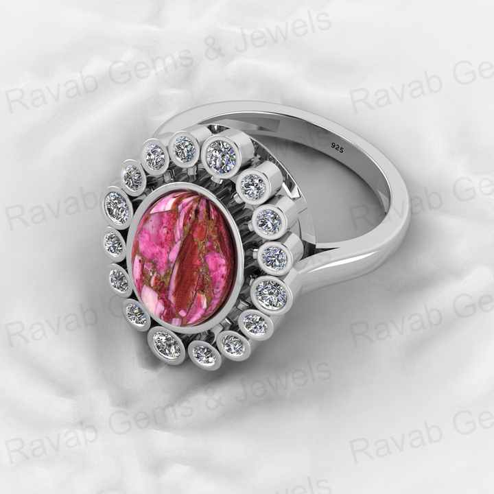 Top Selling 925 Silver 9x12mm Pink Kingman Dahlia Spiny Oyster Oval Shape Gemstone With CZ Solitaire Cocktail Ring for Women