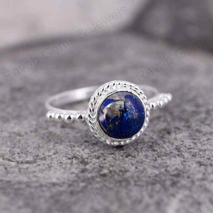 Natural Lapis Lazuli 10mm Round Cabochon Gemstone Solid 925 Sterling Silver Beaded Bezel Setting Ring Handmade Fine Jewelry