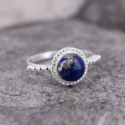 Natural Lapis Lazuli 10mm Round Cabochon Gemstone Solid 925 Sterling Silver Beaded Bezel Setting Ring Handmade Fine Jewelry