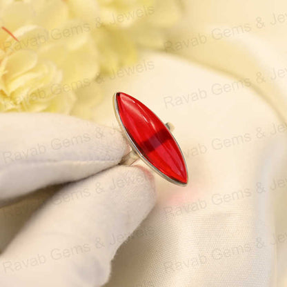 Top Quality Solid 925 Sterling Silver 9x30mm Red Garnet Hydro Cabochon Smooth Marquise Shape Ring for Women Daily Wear Jewelry