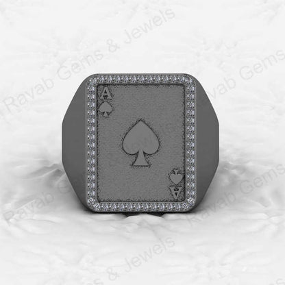 Top Selling Men's 925 Silver Accented Playing Card Gambler Ace Black Spade Signet Embossed Ring Zircon Diamond Motorhead Jewelry