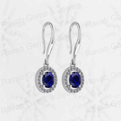 Top Selling Solid 925 Sterling Silver Blue Sapphire Hydro 6x8mm Oval Faceted Prong Setting Dangle Drop Earring for Women Jewelry