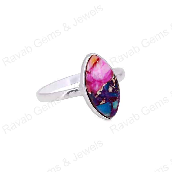 Natural Pink Spiny Oyster Turquoise Marquise Shape 7x14mm Bezel Setting Solid 925 Sterling Silver Women Daily Wear Handmade Ring