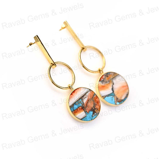 Top Quality Solid 925 Sterling Silver 10mm Natural Spiny Oyster Round Flat Smooth 18k Gold Plated Dangle Drop Earring for Women
