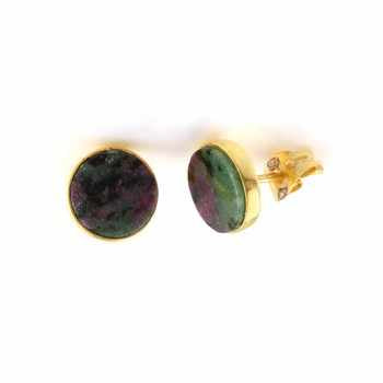 Best Selling New Design Genuine Pink & Green Ruby Zoisite Stone Solid 925 Sterling Silver 18k Gold Plated Stud Earring for Women