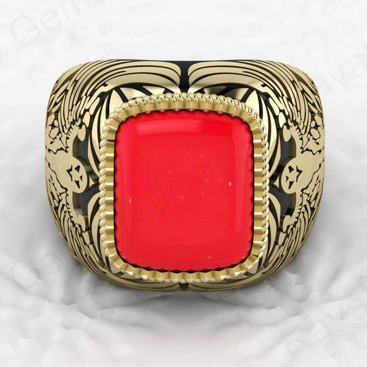 Best Selling Solid 925 Sterling Silver 9x13mm Red Coral Octa Cushion Shape Signet Ring for Men Customized Bikers Fine Jewelry