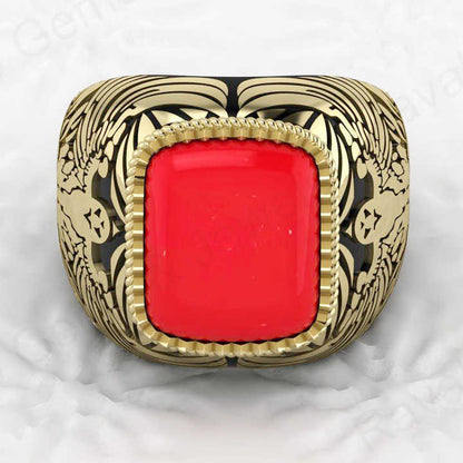 Best Selling Solid 925 Sterling Silver 9x13mm Red Coral Octa Cushion Shape Signet Ring for Men Customized Bikers Fine Jewelry