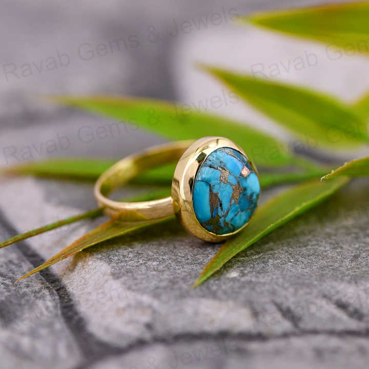 Best Selling 12x13mm Mohave Blue Copper Turquoise 925 Silver Gold Vermeil Bezel Organic Shape Dainty Women Ring Navajo Jewelry