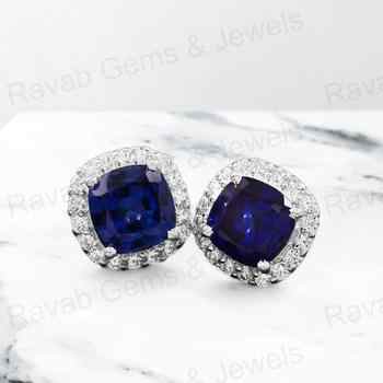 Solid 925 Sterling Silver Dark Blue Sapphire Hydro 10mm Cushion Cut Stud Earrings New Design Handmade Jewelry for Women