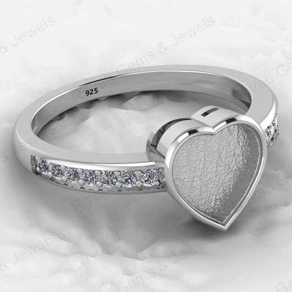 Genuine 925 Silver 8mm Heart CZ Breastmilk Semi Mount Blank Collet Ring Setting for Stone Resin & Ashes Work Keepsake Jewelry