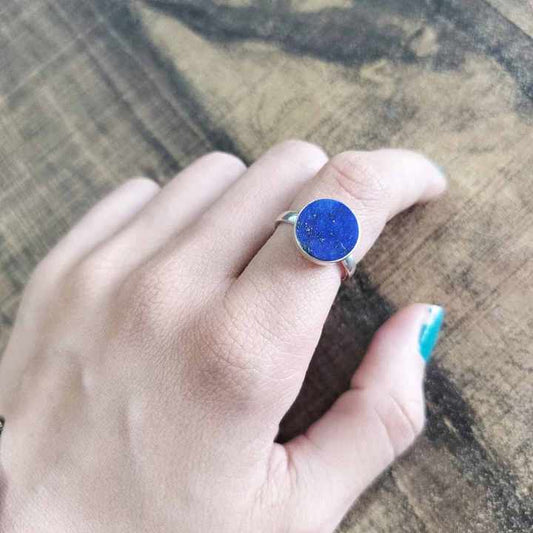 Attractive Genuine Afghani Lapis Lazuli 12mm Round Flat Coin Shape Cabochon Gemstone Solid 925 Sterling Silver Band Ring