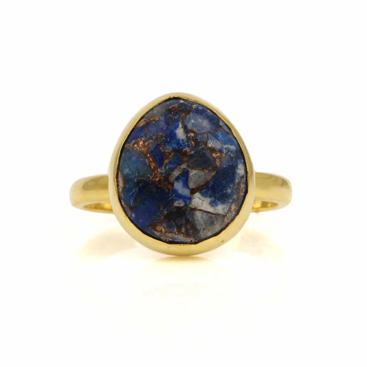 Top Selling 12x13mm Mohave Lapis Lazuli Copper Gemstone Handmade Gold Vermeil Eternity 925 Silver Bezel Women Ring Fine Jewelry