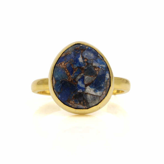 Top Selling 12x13mm Mohave Lapis Lazuli Copper Gemstone Handmade Gold Vermeil Eternity 925 Silver Bezel Women Ring Fine Jewelry