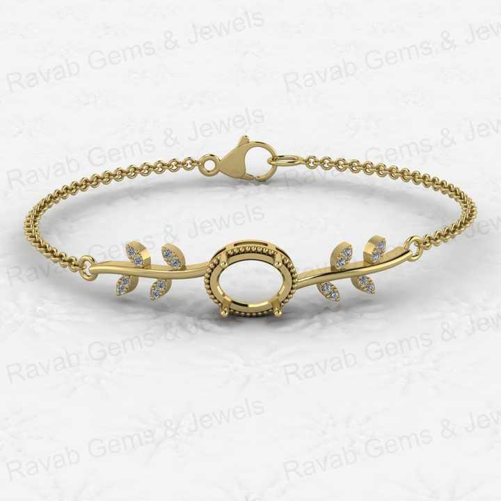 High Quality 925 Silver Semi Mount Bracelet 8x10mm Oval CZ Stone Base With Leaf Design Keepsake Jewelry Blank Setting