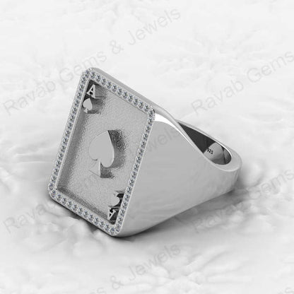 Top Selling Men's 925 Silver Accented Playing Card Gambler Ace Black Spade Signet Embossed Ring Zircon Diamond Motorhead Jewelry