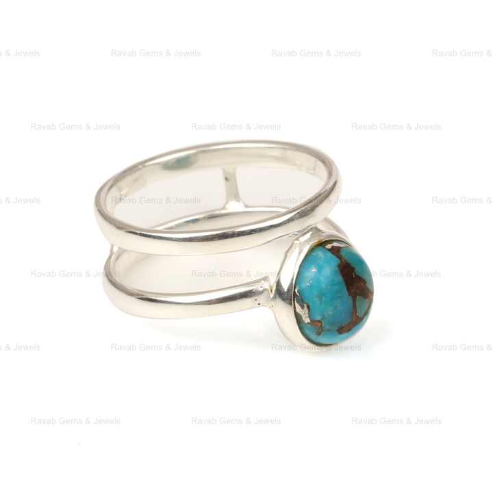 Genuine 925 Sterling Silver Natural Blue Copper Turquoise Round Shape Double Band Ring For Women Fine Handmade Jewelry Suppliers