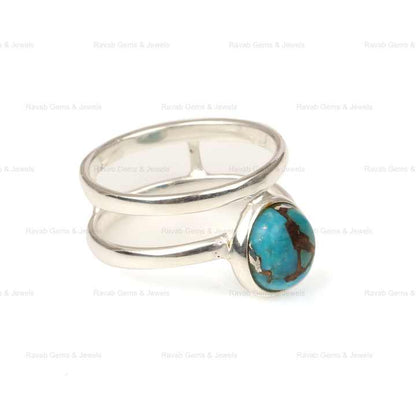 Genuine 925 Sterling Silver Natural Blue Copper Turquoise Round Shape Double Band Ring For Women Fine Handmade Jewelry Suppliers