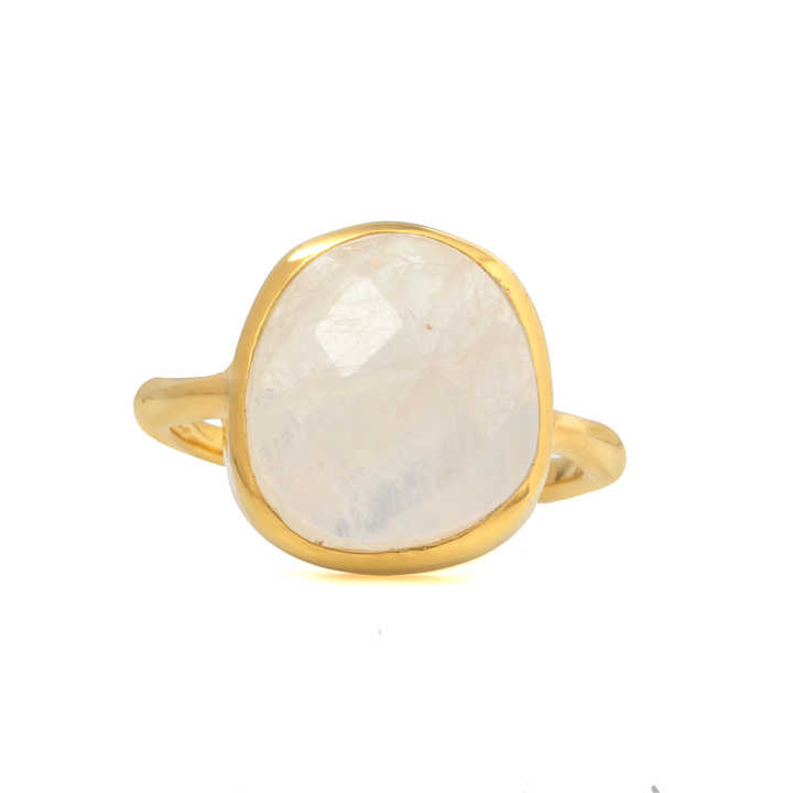 Top Selling 12x13mm Natural Crystal Rainbow Moonstone Gold Vermeil 925 Silver Dainty Uneven Shape Eternity Band Ring for Women