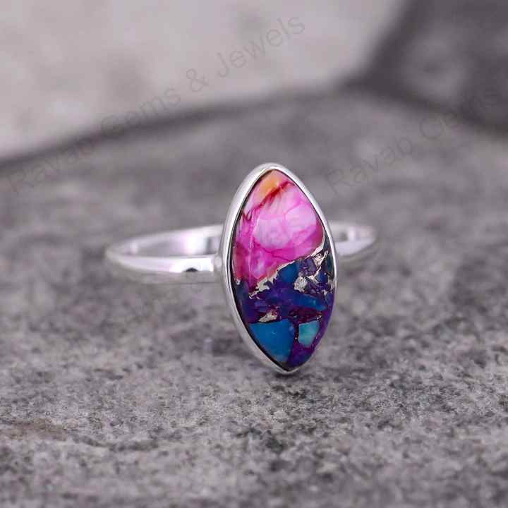 Natural Pink Spiny Oyster Turquoise Marquise Shape 7x14mm Bezel Setting Solid 925 Sterling Silver Women Daily Wear Handmade Ring