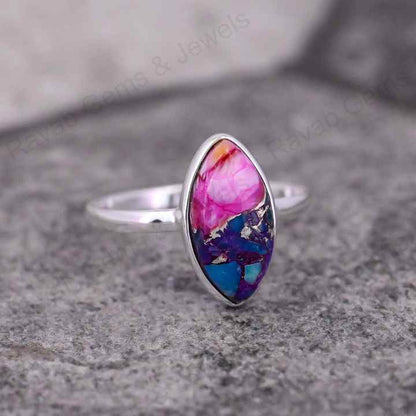 Natural Pink Spiny Oyster Turquoise Marquise Shape 7x14mm Bezel Setting Solid 925 Sterling Silver Women Daily Wear Handmade Ring