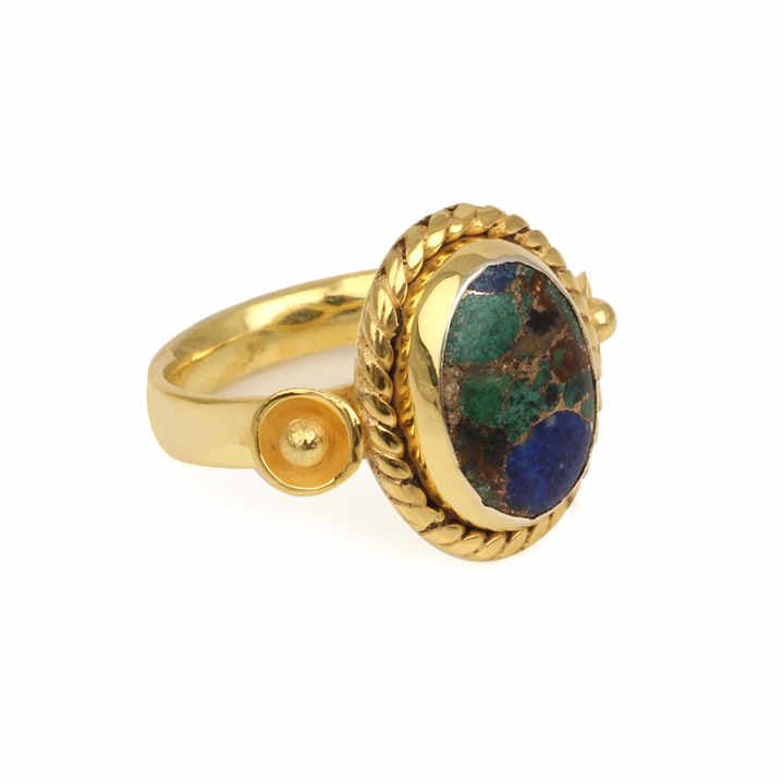 10x14mm Azurite Copper Gemstone Bezel 18k Gold Plated Dainty Bohemian Designer Oval Shape Ring for Women Fine Jewelry