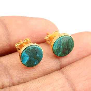 Top Quality Genuine Solid 925 Sterling Silver 18k Gold Plated 10mm Natural Chrysocolla Round Smooth Stud Earring for Women