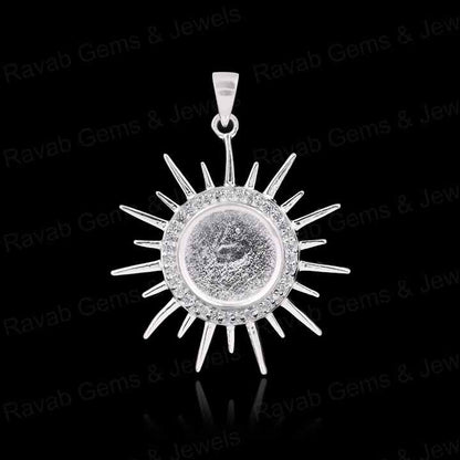 High Quality 925 Silver 10mm Round Sunburst With CZ Blank Charm Pendant Setting Ashes & Resin Keepsake Breast Milk DIY Jewelry