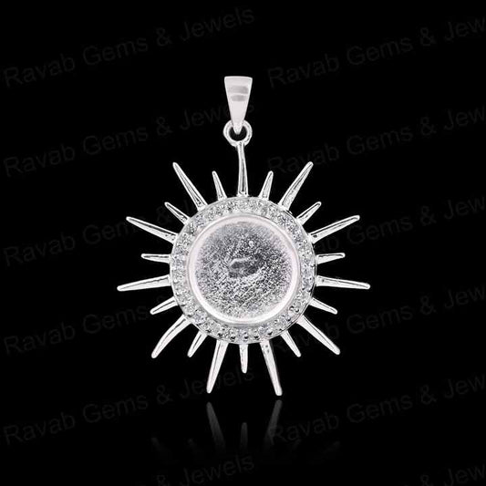 High Quality 925 Silver 10mm Round Sunburst With CZ Blank Charm Pendant Setting Ashes & Resin Keepsake Breast Milk DIY Jewelry