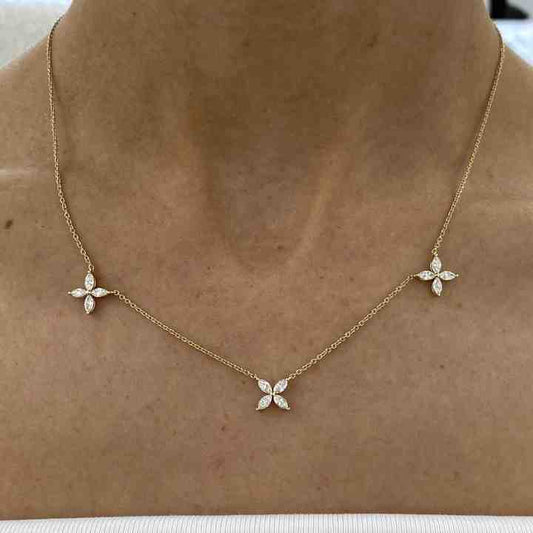 Mother's Day Sale Solid 925 Sterling Silver Marquise Brilliant Cut Lab-Diamond Clover Design Necklace For Women's Gifted Jewelry