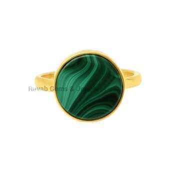Hot Selling 12mm Natural Malachite Round Flat Gemstone Handmade 925 Silver Gold Vermeil Eternity Ring Fine Jewelry For Women