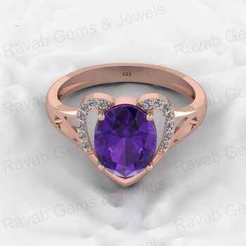 Hot Selling 8x10mm Oval Amethyst Solid 925 Sterling Silver Heart-Shaped Prong Ring for Women Fine Anniversary Ring