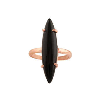 Minimalist Women's 6x25mm Natural Black Onyx Ring Dainty Marquise Prong Design 925 Genuine Silver Rose Gold Plating for Parties