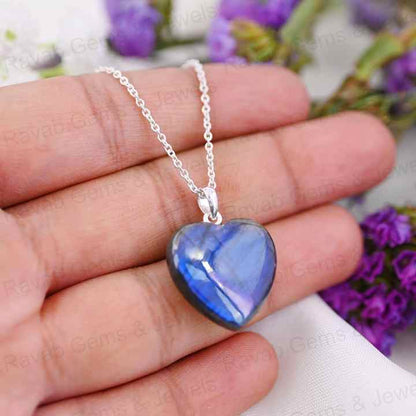 Hot Selling Mother's Day Sale 20mm Puffy Heart Natural Blue Fire Labradorite Handmade 925 Silver Pendant Necklace Fine Jewelry
