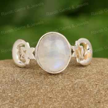 Best Quality Genuine White Rainbow Moonstone Oval 10x14mm Solid 925 Sterling Silver Moon & Star Design Women Handmade Ring