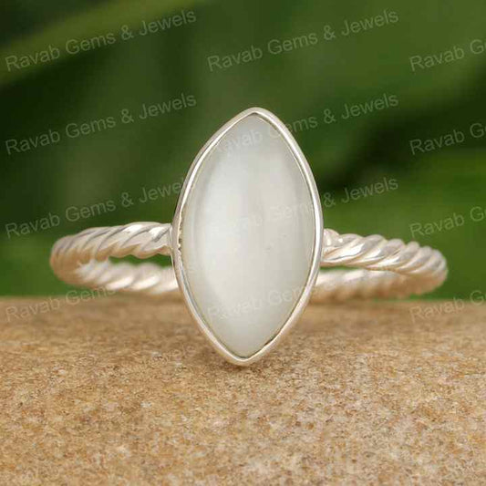 Best Selling White Moonstone 8x16mm Genuine 925 Sterling Solid Silver Twisted Rope Wedding Band Marquise Shape Ring for Women