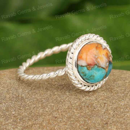 Best Quality Genuine Mix Spiny Oyster Turquoise Round Shape 12mm Solid 925 Sterling Silver Twisted Women Handmade Ring
