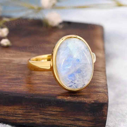 Handmade 10x14mm Oval Cut Natural Rainbow Moonstone Healing Crystal Vermeil 925 Silver Eternity Band Ring Fine Jewelry For Women