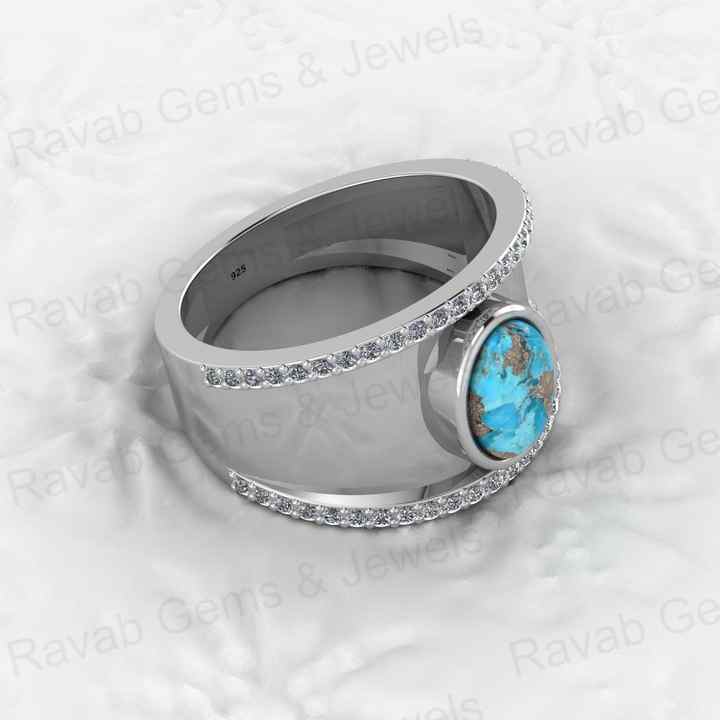 Top Selling Boho Style Women's Fine Ring Handmade 925 Silver Vermeil Natural Pyrite Turquoise Gemstone Cabochon CZ Eternity Oval