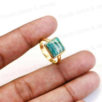 High Quality Solid 925 Sterling Silver Women's Ring Natural Amazonite 14mm Bezel Setting 18K Gold Filled Smooth Square Rhodium