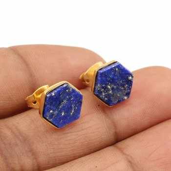 Top Selling 10mm Smooth Hexagon Ring Women's Handmade 925 Sterling Silver 18K Gold Plated Lapis Lazuli Fine Stud Earrings