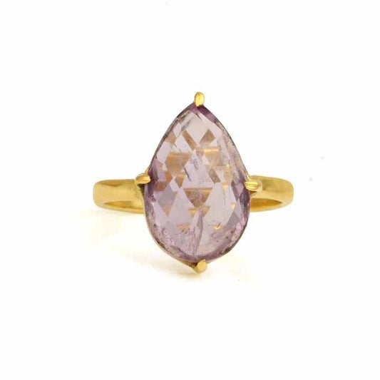 Best Selling 18K Gold Plated Sterling Silver Prong Ring Handmade Indian Jewelry Pink Amethyst Bezel Unisex Trendy Wedding Ring