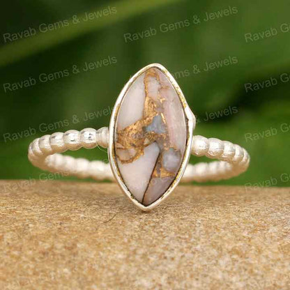 Best Selling 925 Sterling Silver Women's Handmade Ring Natural Pink Copper Opal Marquise Shape 8x16mm Solid Twisted Band Smooth