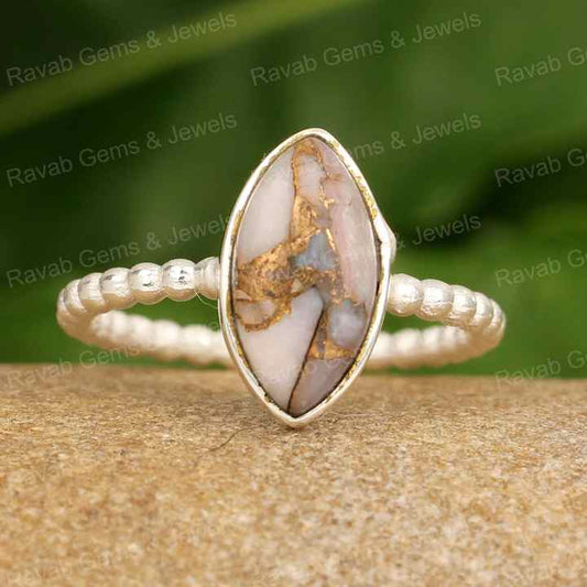 Best Selling 925 Sterling Silver Women's Handmade Ring Natural Pink Copper Opal Marquise Shape 8x16mm Solid Twisted Band Smooth