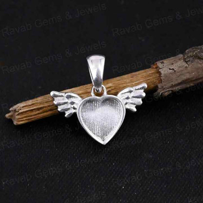 Genuine 925 Sterling Silver 8mm Heart With Angel Wings Semi Mounting Pendant Blank Setting for Resin & Ashes Work DIY Jewelry