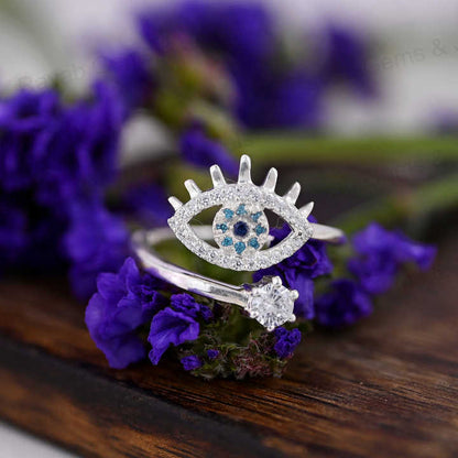 Best Selling Handmade 925 Sterling Silver Pave Zircon Lucky Eye Turkish Adjustable Prong Women Ring Minimalist Fine Jewelry