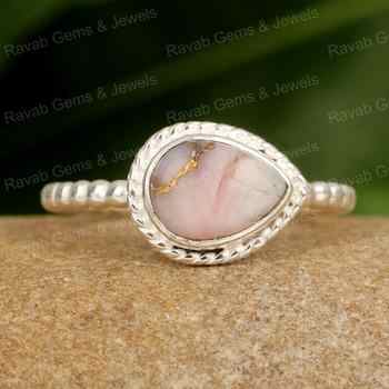Best Selling 925 Sterling Silver Women's Ring Unisex Genuine Pink Copper Opal 10x14mm Pear Shape Twisted Band Handmade Fine