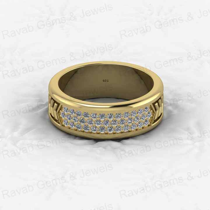 Top Quality 925 Silver Vermeil Cuban Curb Arrow Bar Round Cut CZ Eternity 7mm Wide Band Men's Ring for Personalized Fine Jewelry