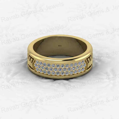Top Quality 925 Silver Vermeil Cuban Curb Arrow Bar Round Cut CZ Eternity 7mm Wide Band Men's Ring for Personalized Fine Jewelry