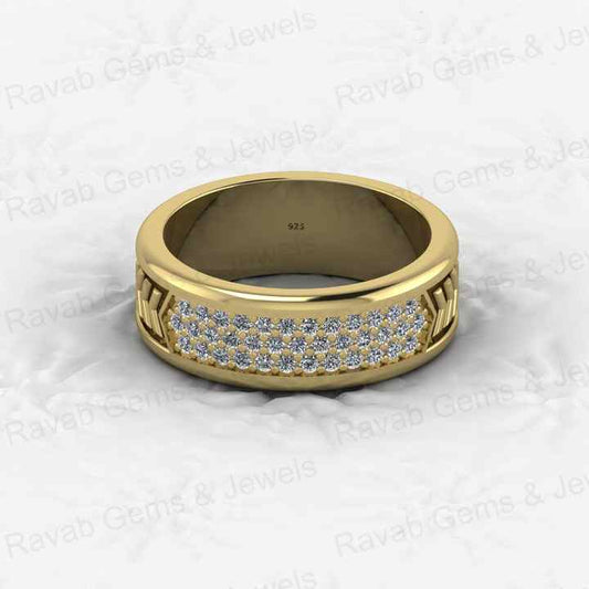 Top Quality 925 Silver Vermeil Cuban Curb Arrow Bar Round Cut CZ Eternity 7mm Wide Band Men's Ring for Personalized Fine Jewelry
