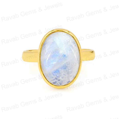 Handmade 10x14mm Oval Cut Natural Rainbow Moonstone Healing Crystal Vermeil 925 Silver Eternity Band Ring Fine Jewelry For Women